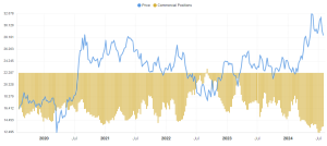 Il grafico mostra il Cot report con le posizioni dei commercial, ovvero di chi utilizza l'argento come materia prima