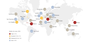 La grafica mostra un planisfero dove sono indicate le 25 città indagate nella ricerca di UBS GWM. Il colore e la grandezza dei cerchi con cui sono indicate le città indica una maggiore o minore rischio di bolla