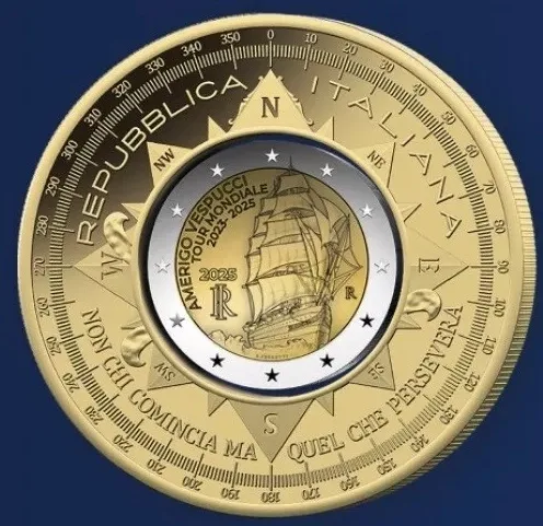 La moneta da 10 euro con la 2 euro incorporata per il tour 2023-2025 dell'Amerigo Vespucci