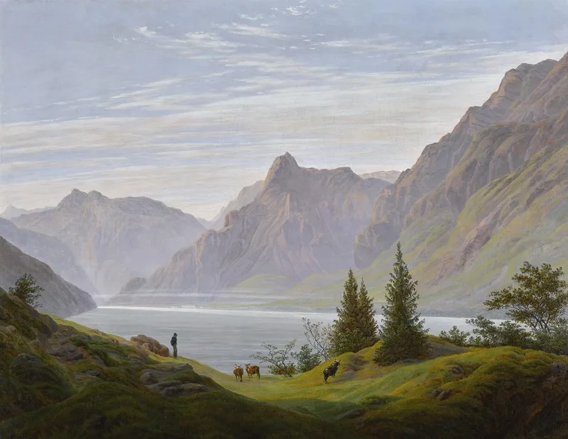 Landschaft mit Gebirgsee, Morgen di Caspar David Friedrich