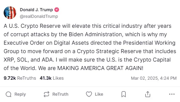 Il post di Trump sulla crypto strategic reserve americana