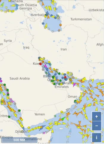 L'immagine, tratta dall'app Marine Radar, mostra lo stretto di Hormuz e le navi che vi transitano numerose