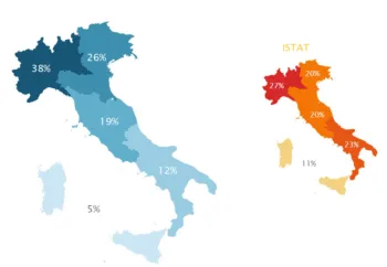 I sottoscrittori di fondi comuni in percentuale a confronto con la percentuale di popolazione residente, nelle regioni italiane