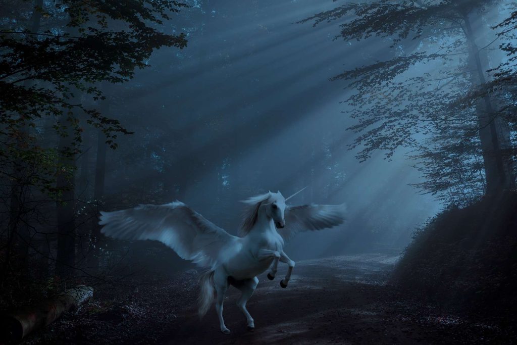 Un unicorno con le ali aperte, pronto a spiccare il volo