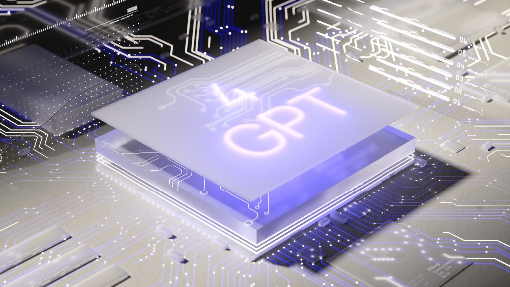 ChatGPT 4, un'immagine grafica di un chip con la scritta in sovraimpressione
