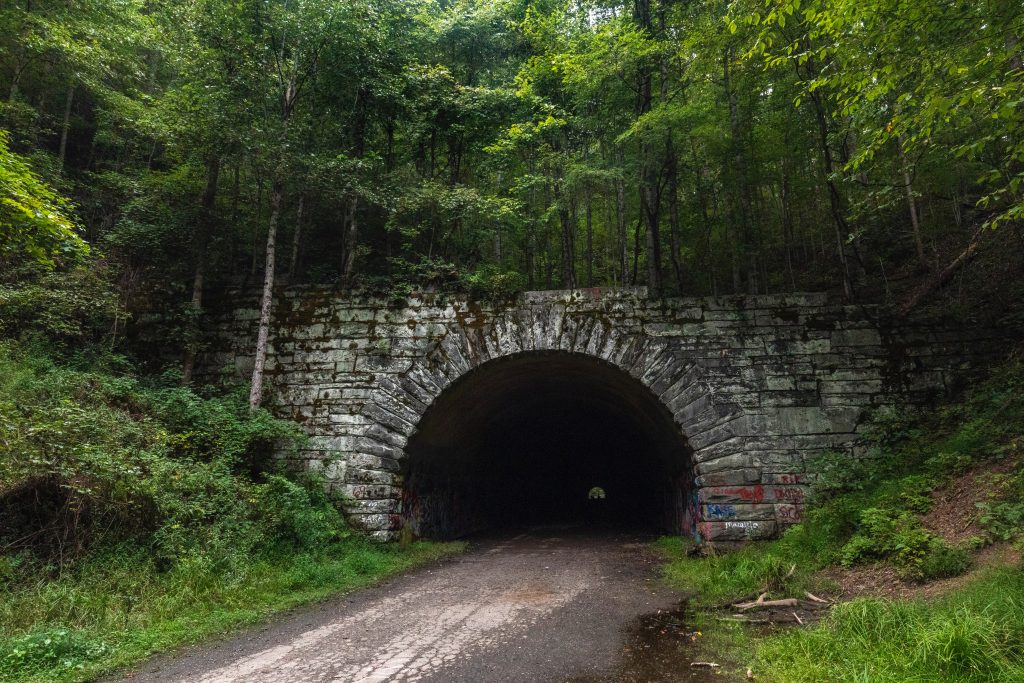 Una strada non asfaltata immersa nel verde conduce verso un tunnel