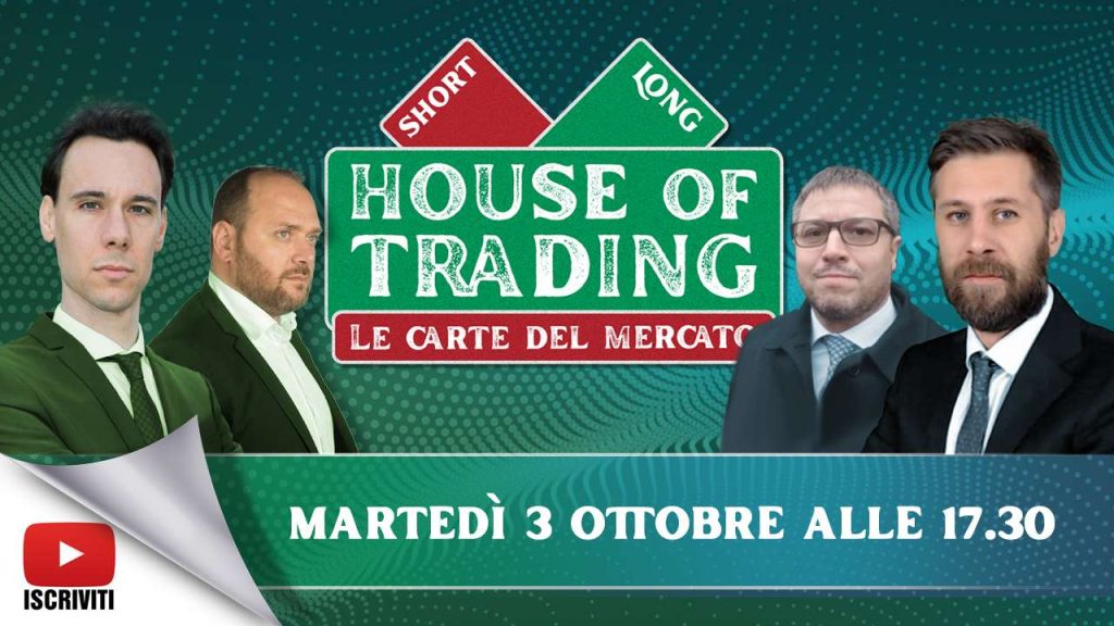 Il cartella di presentazione della puntata del 3 ottobre di House of Trading con i quattro protagonisti: Riccardo Designori, Jacopo Marini, Nicola Para, Giancarlo Prisco