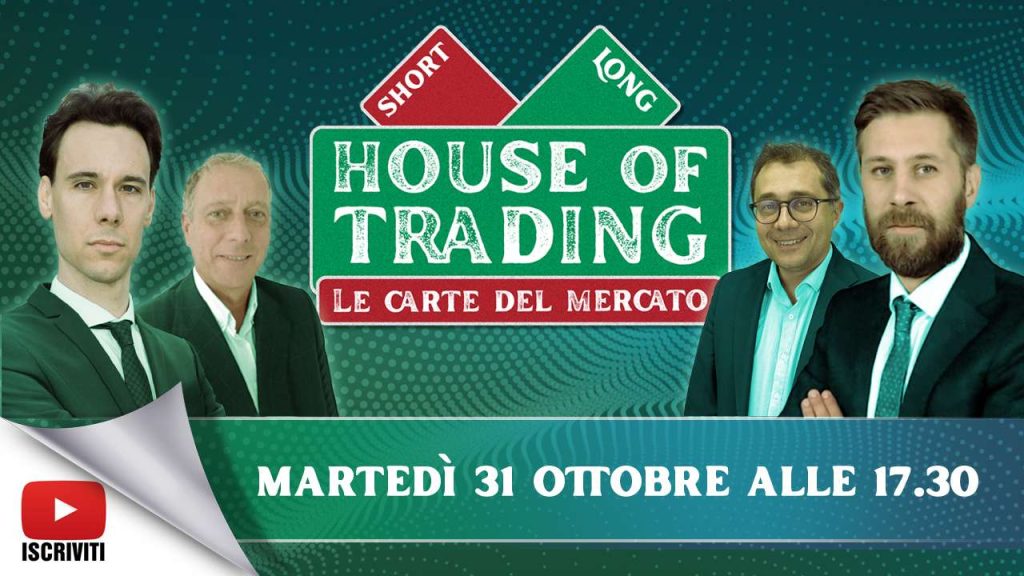 Il cartello di presentazione della puntata del 31 ottobre 2023 di House of Trading con i quattro protagonisti; Enrico Lanati, Riccardo Designori, Nicola Para e Nicola Duranti