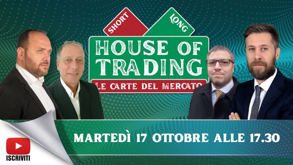 Il cartello di presentazione della puntata del 17 ottobre 2023 di House of Trading con i suoi protagonisti: Nicola Duranti, Giancarlo Prisco, Jacopo Marini, Riccardo Designori