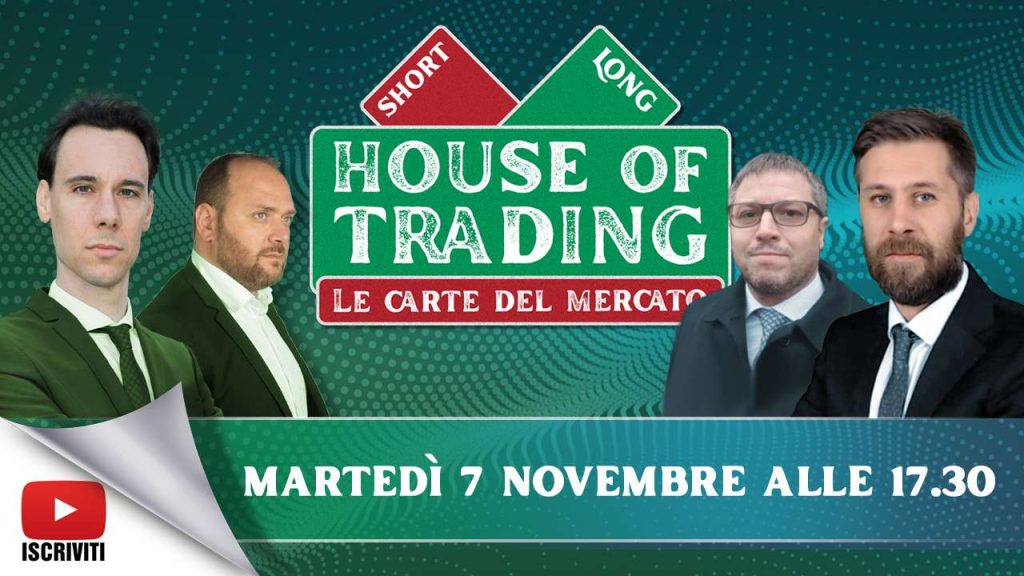 Il cartello di presentazione della puntata del 7 novembre di House of Trading con i protagonisti: Nicola Para, Giancarlo Prisco, Jacopo Marini e Riccardo Designori che presenterà la trasmissione