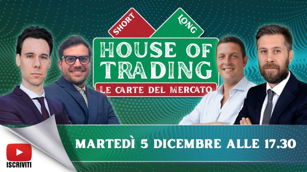 Il cartello di presentazione della puntata del 5 dicembre 2023 di House of Trading con le immagini dei protagonisti: Nicola Para, Vincenzo Penna, Giovanni Picone, Riccardo Designori