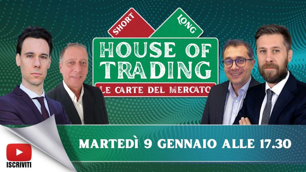 Il cartello di presentazione della prima puntata di House of Trading 2024 con i protagonisti: Nicola Para, Nicola Duranti, Enrico Lanati e Riccardo Designori