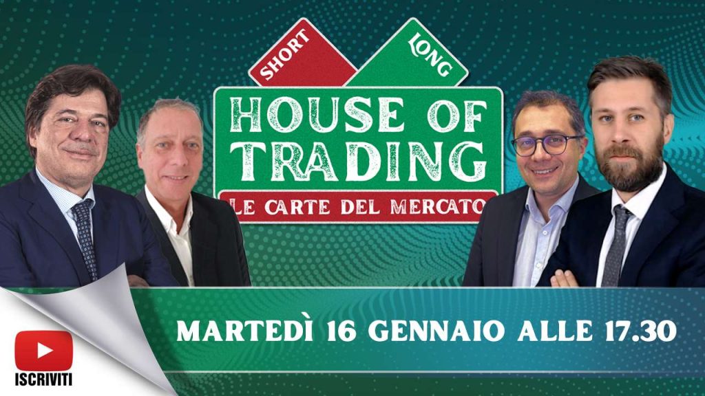 Il cartello di presentazione della trasmissione di oggi di House of Trading con i protagonisti: Tony Cioli Puviani, Nicola Duranti, Enrico Lanati e Riccardo Designori