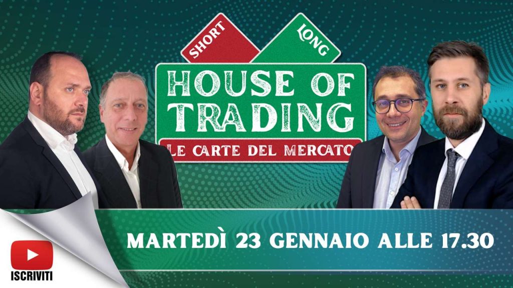 Il cartello di presentazione della puntata di House of Trading del 23 gennaio 2024 con i quattro protagonisti: Giancarlo Prisco, Nicola Duranti. Enrico Lanati e Riccardo Designori