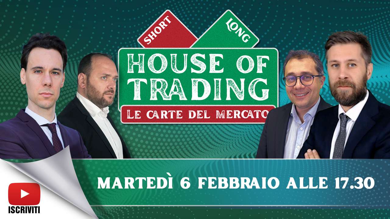 Il cartello di presentazione della puntata di House of Trading del 6 febbraio 2024, con i protagonisti Nicola Para, Giancarlo Prisco, Enrico Lanati e Riccardo Designori