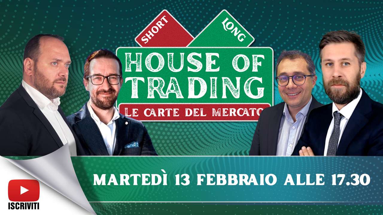 Il cartello di presentazione della trasmissione House of Trading con i protagonisti Stefano Serafini, Giancarlo Prisco, Enrico Lanati e Riccardo Designori
