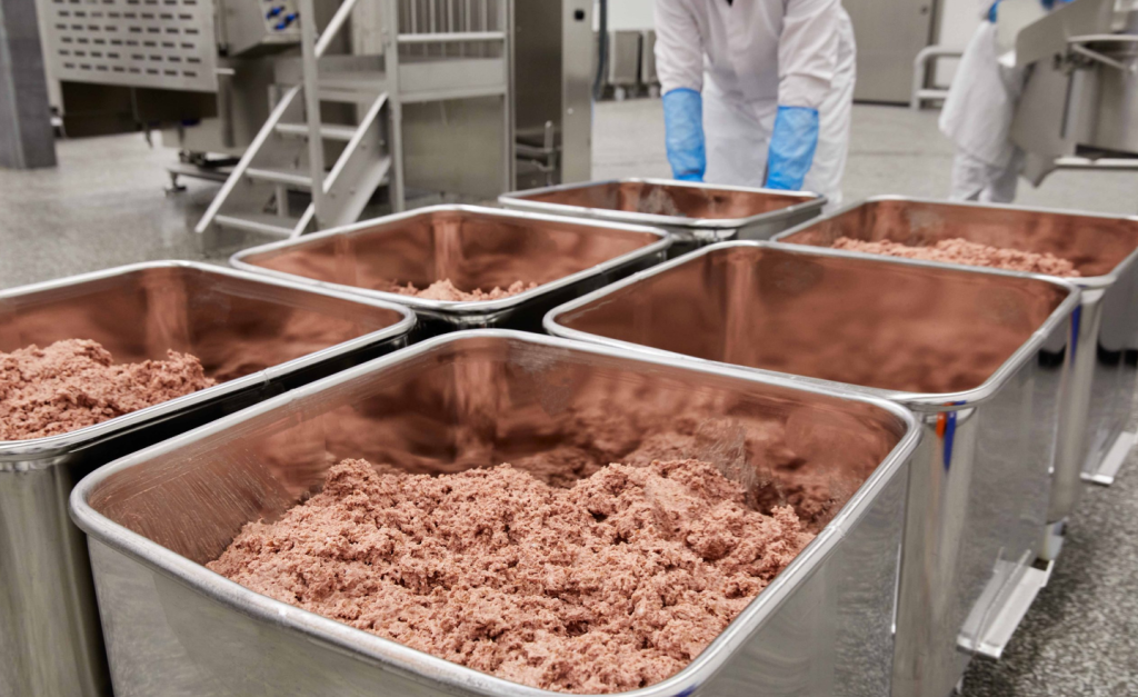 L'immagine mostra delle vasche piene di polpa di carne vegetale in uno stabilimento di Beyond Meat