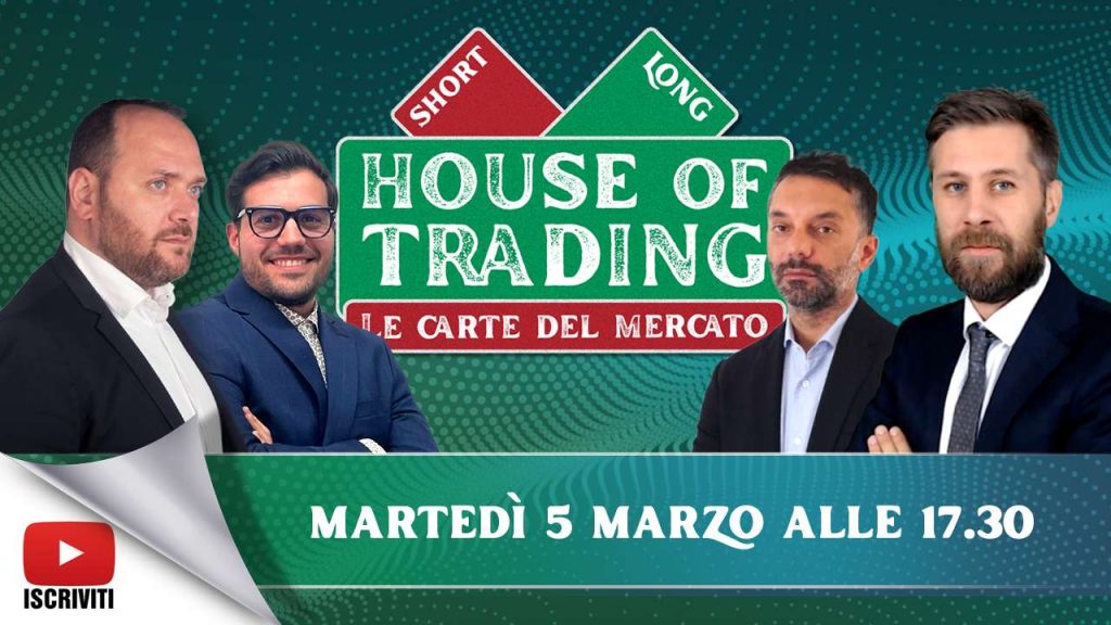 Il cartello della trasmissione House of Trading del 5 marzo 2024 con i protagonisti: Giancarlo Prisco, Vincenzo Penna, Luca Fiore, Riccardo Designori
