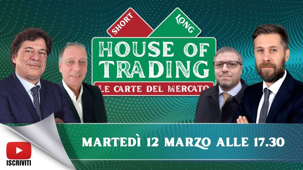 Il cartello di presentazione della puntata di House of Trading del 12 marzo 2024 con i protagonisti: Tony Cioli Puviani, Nicola Duranti, Jacopo Marini e Riccardo Designori