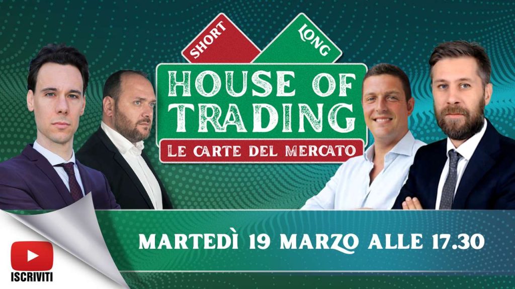 Il cartello di presentazione della puntata di oggi di House of Trading con i protagonisti: Nicola Para, Giancarlo Prisco, Giovanni Picone e Riccardo Designori