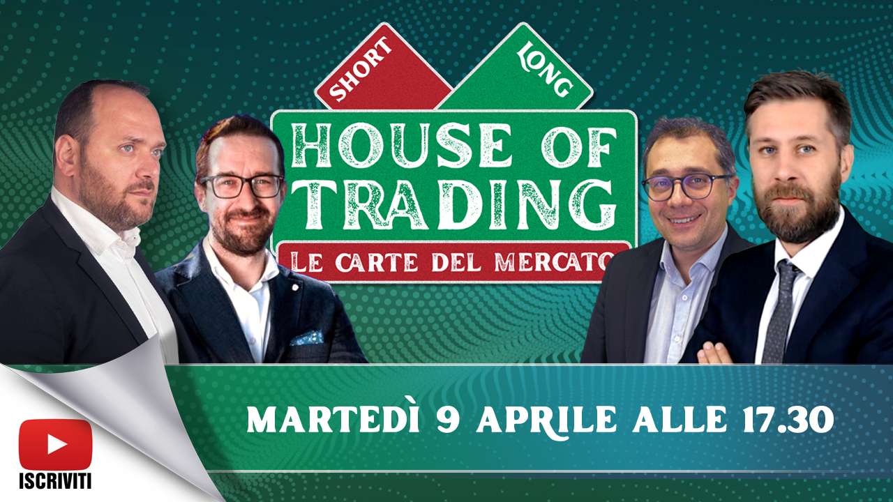 Il cartello di presentazione della puntata odierna di House of Trading con i quattro protagonisti: Giancarlo Prisco, Stefano Serafini, Enrico Lanati e Riccardo Designori