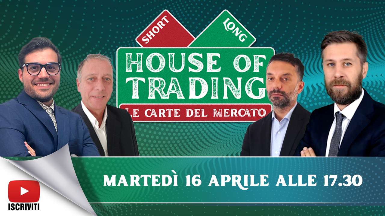 Il cartello di presentazione della puntata di House of Trading del 16 aprile 2024, con i protagonisti Vincenzo Penna, Nicola Duranti, Luca Fiore e Riccardo Designori