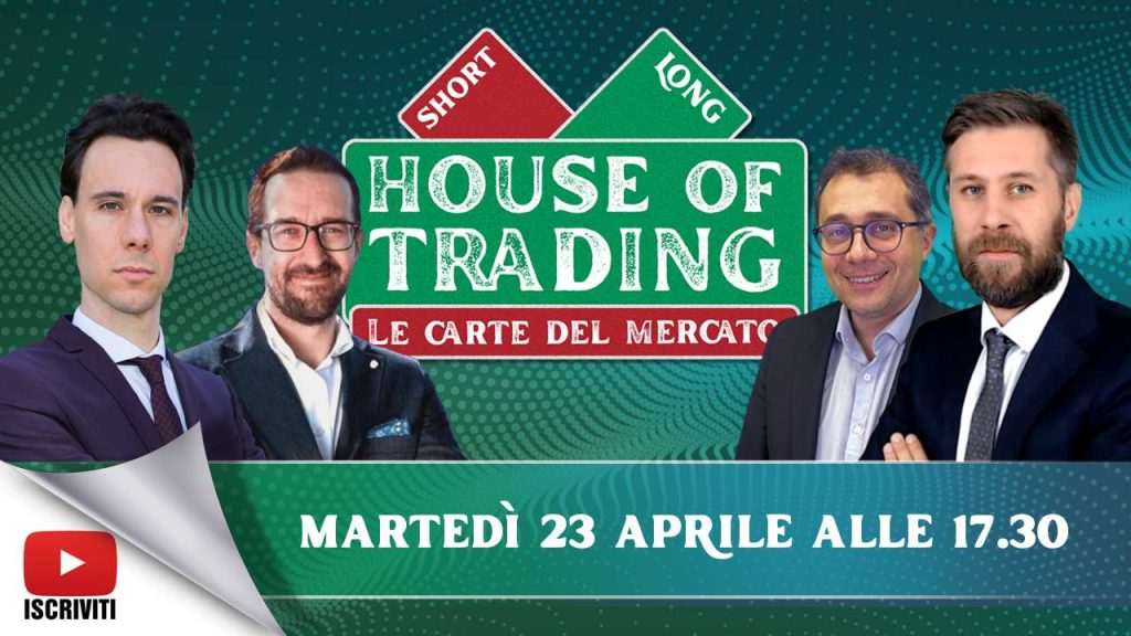 Il cartello di presentazione della puntata odierna di House of Trading con i suoi protagonisti: Nicola Para, Stefano Serafini, Enrico Lanati, Riccardo Designori