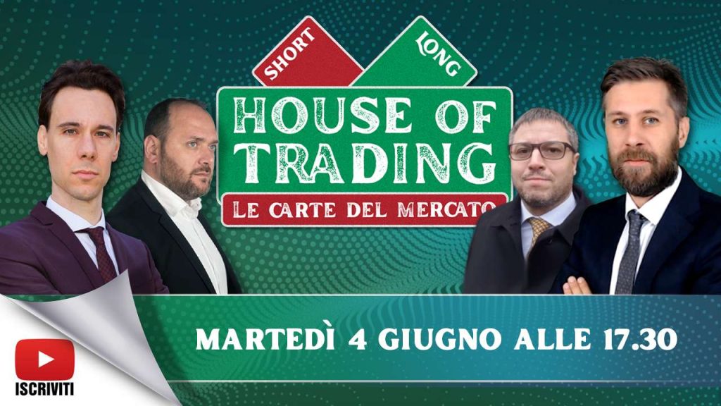 Il cartello di presentazione della puntata di House of Trading del 4 giugno 2024 con i protagonisti: Nicola Para, Giancarlo Prisco, Jacopo Marini e Riccardo Designori