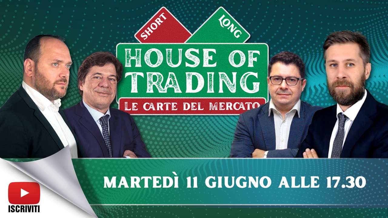 Il cartello di presentazione della puntata dell'11 giugno 2024 di House of Trading con i protagonisti: Giancarlo Prisco, Tony Cioli Puviani, Andrea Cartisano e Riccardo Designori