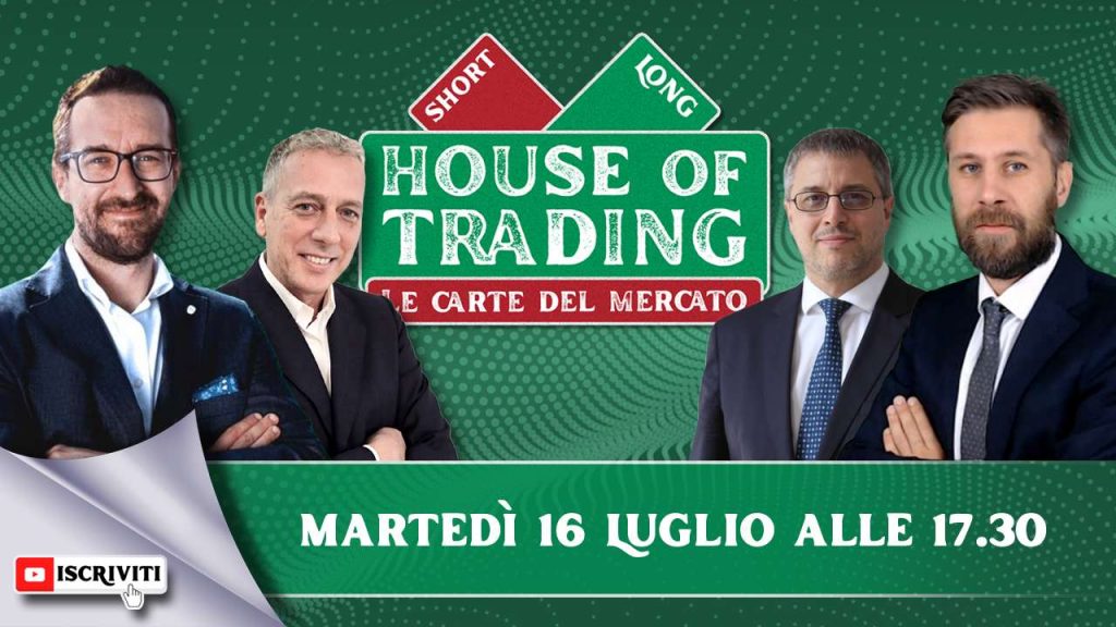 Il cartello di presentazione della puntata di House of Trading del 16 luglio 2024 con i protagonisti: Stefano Serafini, Nicola Duranti, Jacopo Marini, Riccardo Designori