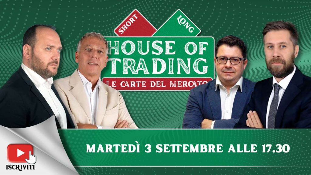 Il cartellone di presentazione della puntata di House of Trading del 3 settembre 2024 con i suoi protagonisti: Giancarlo Prisco, Nicola Duranti, Andrea Cartisano e Riccardo Designori
