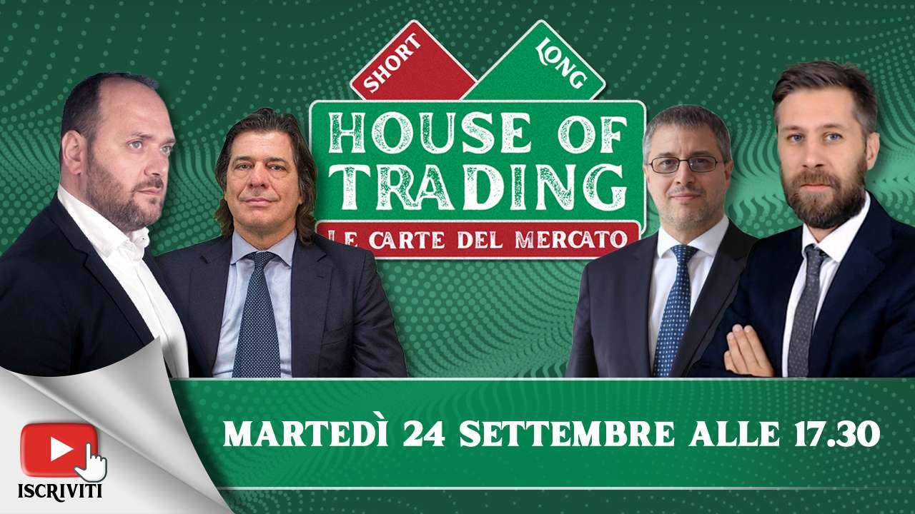 Il cartello di presentazione della puntata del 24 settembre di House of Trading con i suoi protagonisti: Giancarlo Prisco, Tony Cioli Puviani, Jacopo Marini e Riccardo Designori