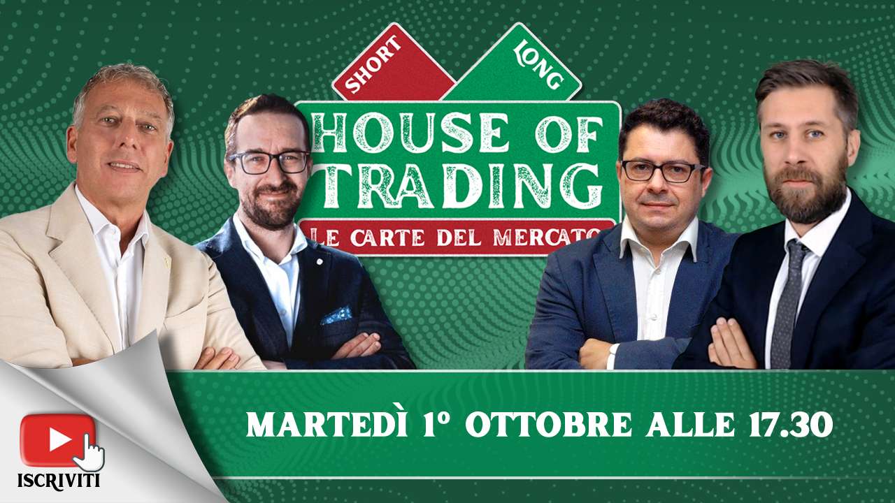 Il cartello di presentazione della puntata di House of Trading del 1 ottobre 2024: Nicola Duranti, Stefano Serafini, Andrea Cartisano e Riccardo Designori.
