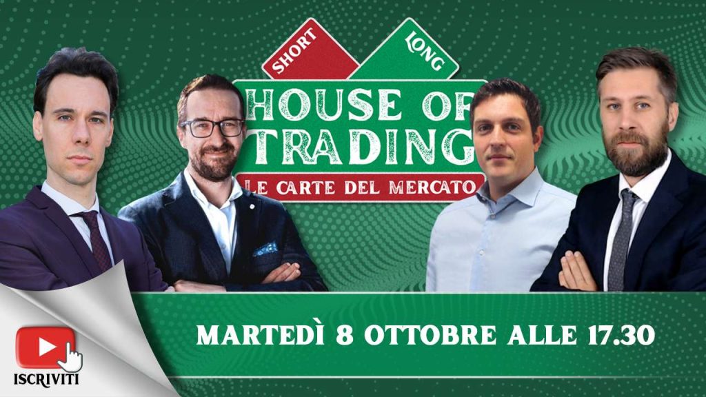 Il cartello di presentazione della puntata di House of Trading del 8 ottobre 2024 con i protagonisti: Nicola Para, Stefano Serafini, Giovanni Picone, Riccardo Designori