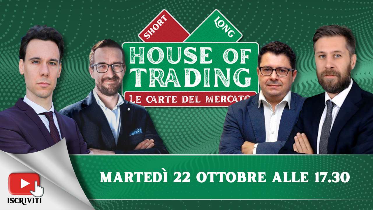 Il cartello di presentazione della puntata numero 38 di House of Trading con i suoi protagonisti: Nicola Para, Stefano Serafini, Andrea Cartisano, Enrico Lanati