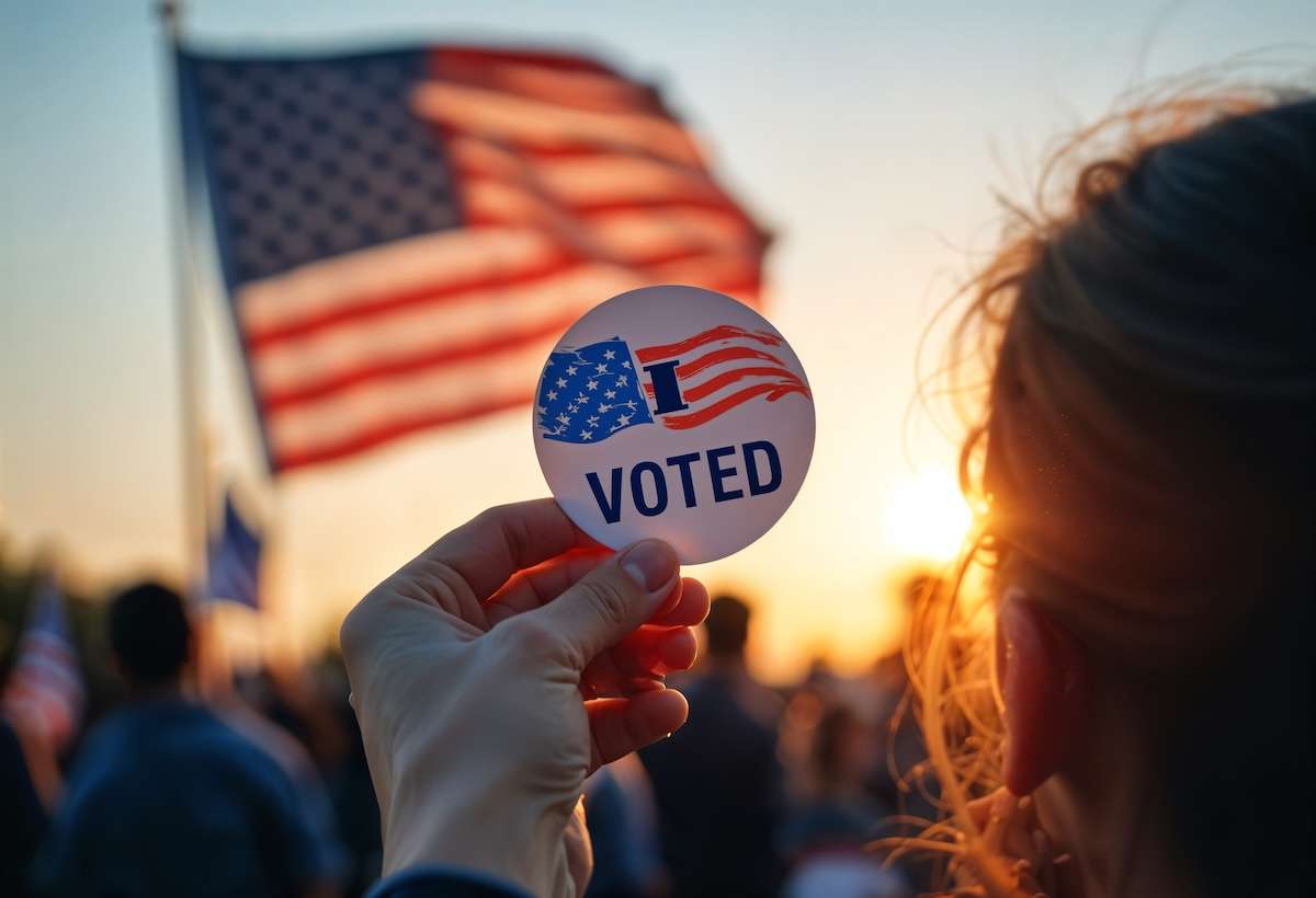 Adesivo di voto e bandiera americana in un seggio elettorale o evento elettorale. Rappresentazione del dovere civico e della partecipazione alle elezioni USA.