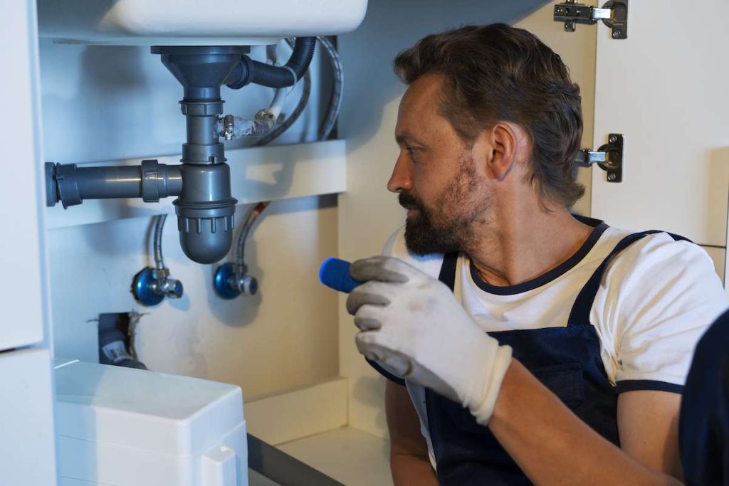 Idraulico che ispeziona i tubi sotto un lavandino, indossando guanti e tuta da lavoro, mentre controlla una perdita in cucina
