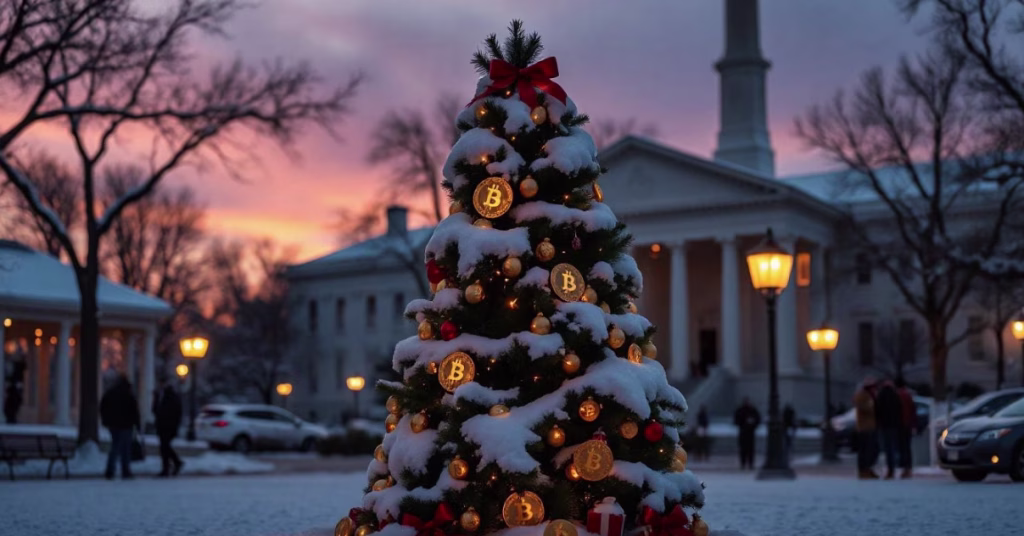 Un albero di Natale con tanti bitcoin appesi e illuminati al posto della palline di Natale, fa mostra di sé davanti all'ingresso della Casa Bianca