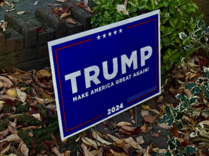 Cartello elettorale blu con il nome 'Trump', slogan 'Make America Great Again!' e data '2024', posizionato in un giardino con foglie autunnali e piante verdi.