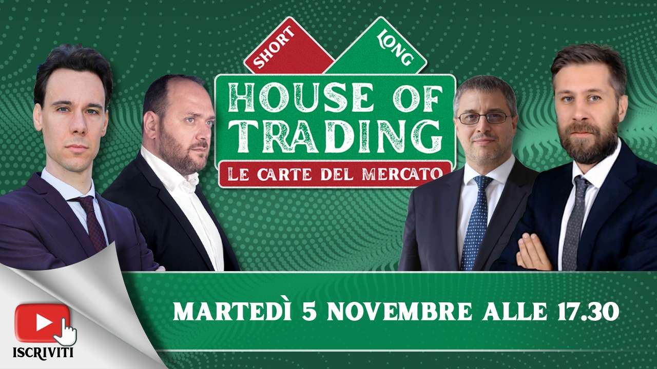Il cartello di presentazione della puntata di House of Trading del 5 novembre 2024 con i suoi protagonisti: Nicoloa Para, Giancarlo Prisco, Jacopo Marini, Riccardo Designori