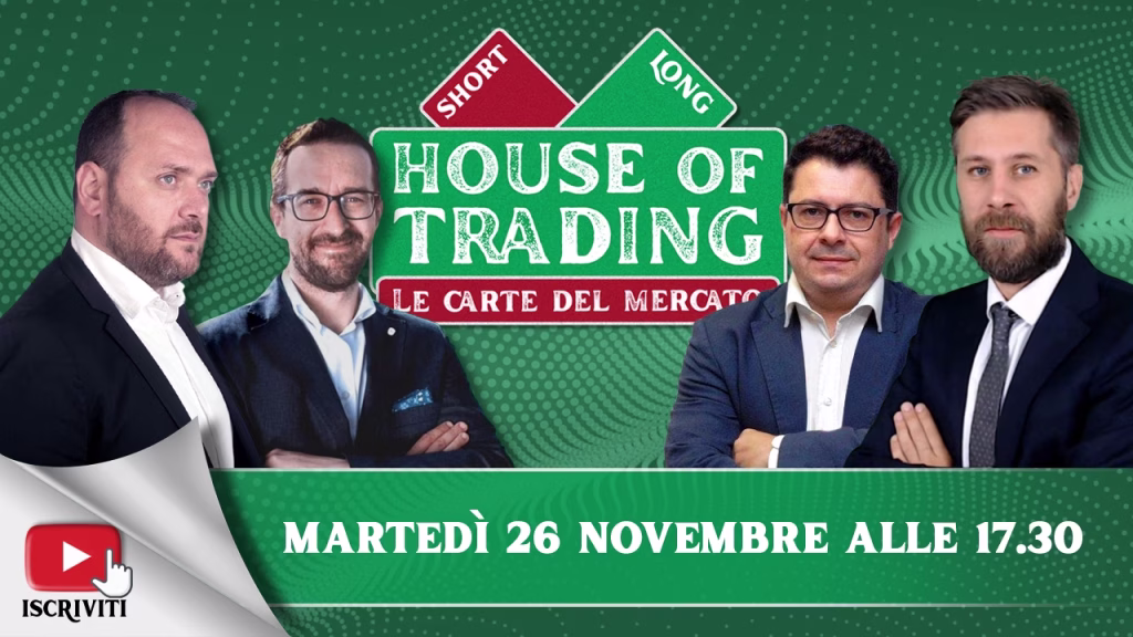 Il cartello di presentazione della puntata odierna di House of Trading con i suoi protagonisti, Giancarlo Prisco, Stefano Serafini, Andrea Cartisano e Riccardo Designori