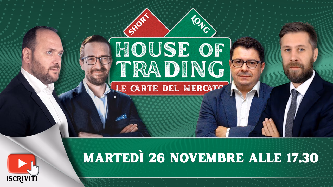 Il cartello di presentazione della puntata odierna di House of Trading con i suoi protagonisti, Giancarlo Prisco, Stefano Serafini, Andrea Cartisano e Riccardo Designori