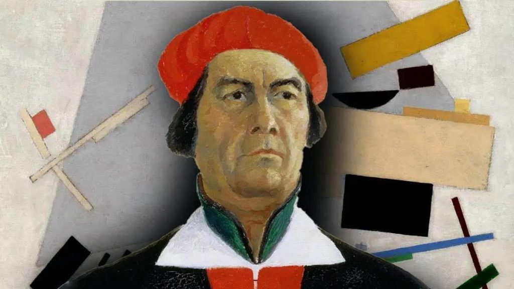 Un autoritratto di Kazimir Malevich e Suprematismo dinamico sullo sfondo