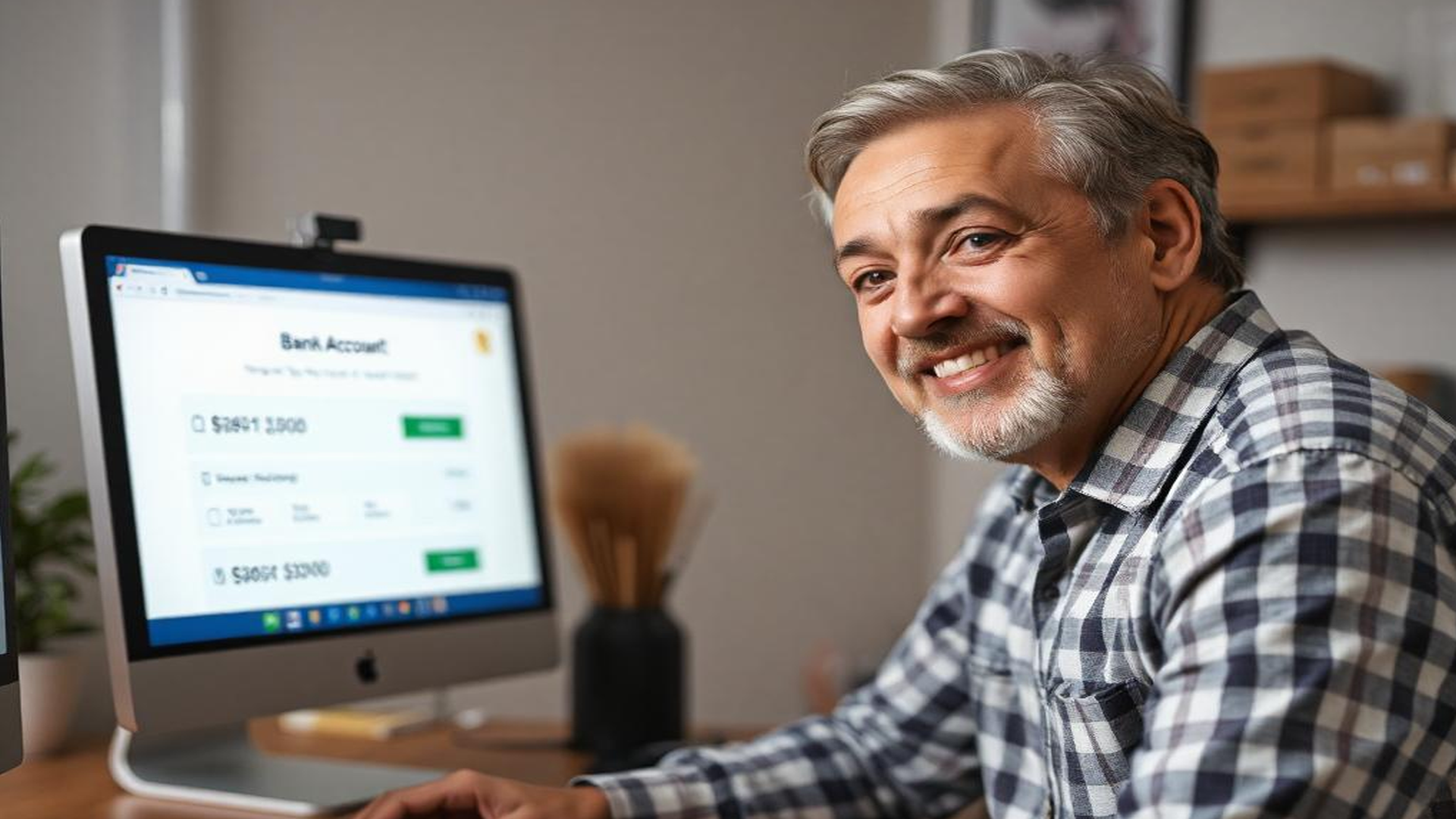 Un uomo di circa 40 anni, che indossa una camicia a quadri scozzese, siede davanti al pc, dove è aperta la pagina del suo conto bancario e si gira verso la camera fotografica con un sorriso visibilmente soddisfatto