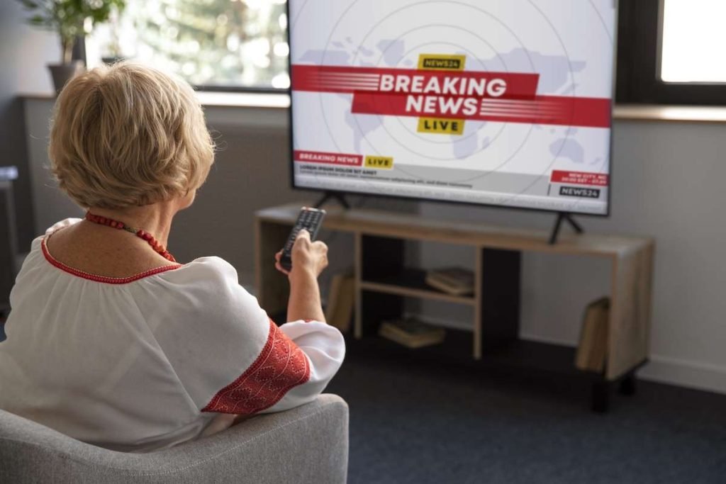 Anziana percettrice di pensione che guarda la tv su cui paga in Canone RAI