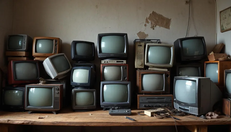 L'immagine mostra una catasta di televisori vecchi, a tubo catodico, non funzionanti e accumulati su un vecchio tavolo