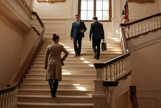 Donna in trench beige che sale una scala monumentale all'interno di un edificio elegante con dettagli classici, mentre due uomini in abiti formali scendono; sullo sfondo, una finestra luminosa e una bandiera americana accanto a una cornice decorativa.