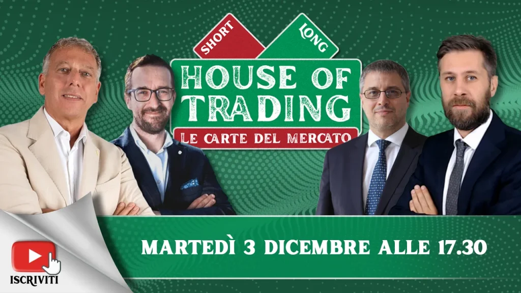 Il cartello di presentazione della puntata di House of Trading del 3 dicembre 2024 con i suoi protagonisti: Nicola Duranti, Stefano Serafini, Jacopo Marini e Riccardo Designori