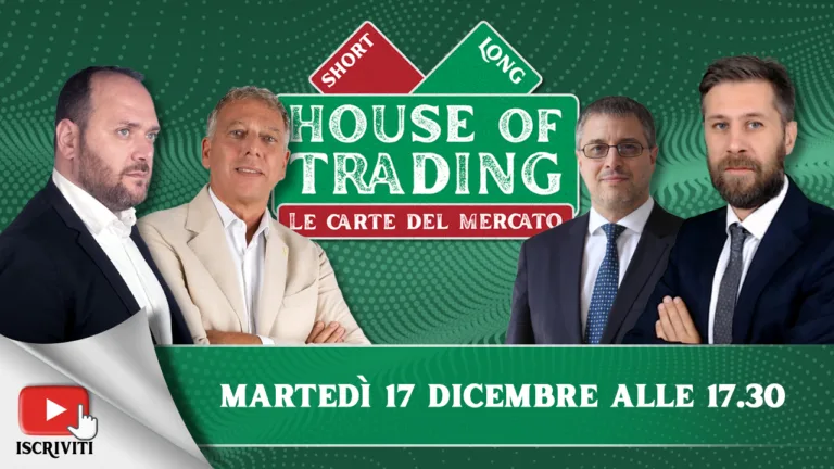 Il cartello di presentazione della trasmissione House of Trading del 17 dicembre 2024 con i suoi protagonisti: Giancarlo Prisco, Nicola Duranti, Jacopo Marini, Riccardo Designori