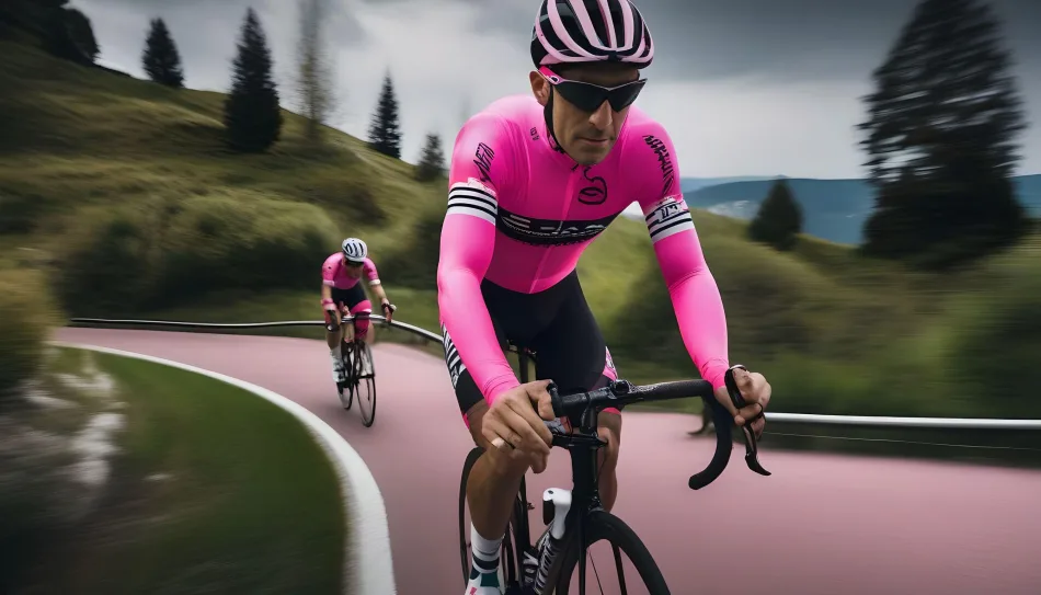 Due ciclisti in maglia rosa percorrono una strada asfaltata in montagna, circondati da alberi e colline, in un ambiente naturale suggestivo. La scena evidenzia il dinamismo dello sport e il contesto panoramico, ideale per competizioni o allenamenti ciclistici.